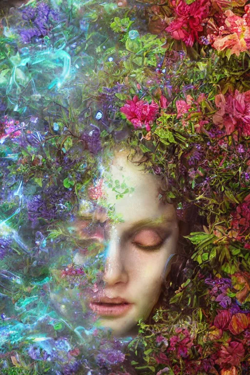 Prompt: elaborately ultradetailed close up portrait of an extremely beautiful girl surrounded by beautiful vines, flowers, an eerie mist and ethereal rainbow bubbles, Aetherpunk, high fantasy matte painting, concept art, smooth, sharp focus, atmospheric lighting, highly detailed illustration highlights, backlight, uplight, Exquisite 8K detail post-processing, award winning picture, sense of awe, featured on DeviantArt