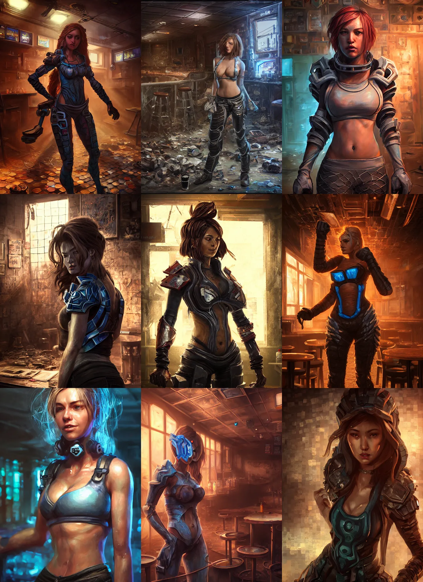 Prompt: hyper detailed ultra sharp character portrait of a woman wearing hextech armor standing in a destroyed dive bar, with a realistically proportioned face, cinematic lighting, good value control, smooth, realistic shading, realistic face details, smooth, highly detailed, digital painting, concept art, painted texture maps, illustration, art by studio fortiche, painted texture maps, substance painter, action pose