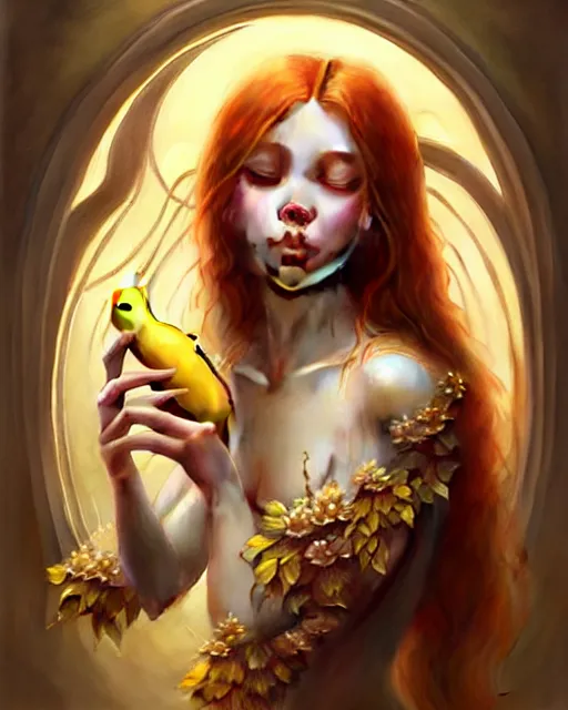 Prompt: Beautiful and playful ethereal ginger portrait eating banana, art nouveau, fantasy, intricate flower designs, elegant, highly detailed, sharp focus, art by Artgerm and Greg Rutkowski and WLOP