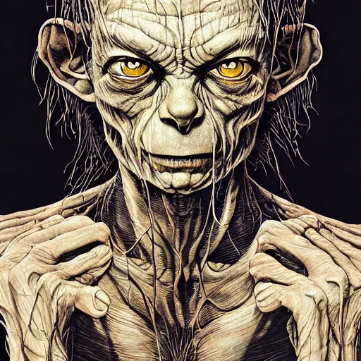 Prompt: portrait of gollum, symmetrical, by yoichi hatakenaka, masamune shirow, josan gonzales and dan mumford, ayami kojima, takato yamamoto, barclay shaw, karol bak, yukito kishiro