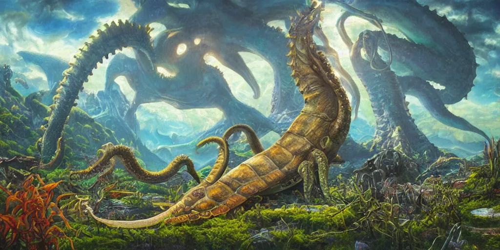 Image similar to fantasy oil painting, great leviathan, cybernetic turtle cephalopod terrapin reptilian pachyderm squid, bella hadid, hybrid, milla jovovich, anubis, epic natural light, lush plants flowers, spectacular mountains, bright clouds, luminous sky, outer worlds, golden hour, michael cheval, edward hopper, michael whelan, vray, hd