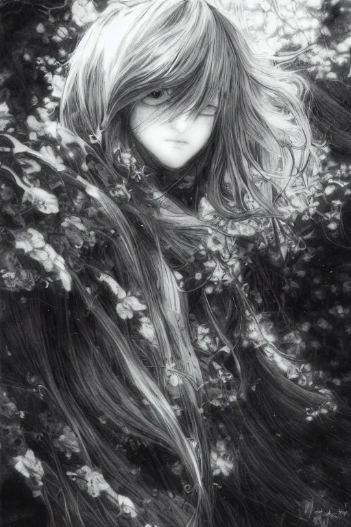 Prompt: a portrait of a character in a scenic environment by Yoshitaka Amano, black and white, dreamy, dark eyes, wavy silver hair, highly detailed