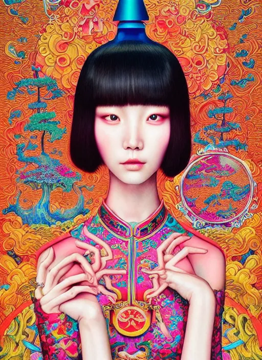 Image similar to pretty chinese model with hallucination mushroom : : by martine johanna and simon stalenhag and chie yoshii and casey weldon and wlop : : ornate, dynamic, particulate, rich colors, intricate, elegant, highly detailed, vogue, harper's bazaar art, fashion magazine, smooth, sharp focus,