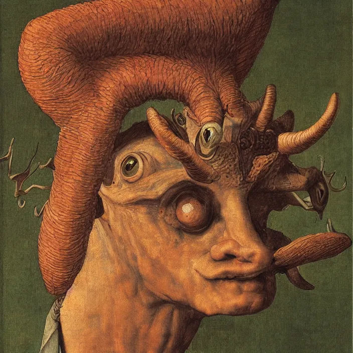 Prompt: close up portrait of an overdressed mutant monster creature with snout, horns, insect wings, unibrow, piercing eyes, toxic smile. jan van eyck, audubon