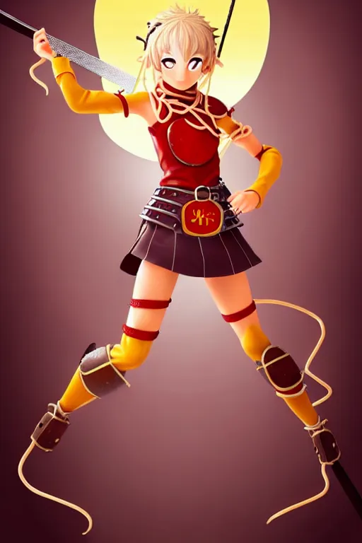 Image similar to A cute spaghetti-girl thief protagonist with leather-strap-armor and ninja weapons is exploring the tenth reality. A highly detailed fantasy character in the style of a McDonald's Burger