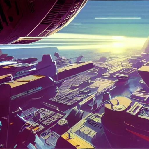 Image similar to aerial view of a science-fiction cityscape, cinematic angle, cinematic lighting, blue sky, sun in the sky, by Syd Mead, John Harris, Federico Pelat