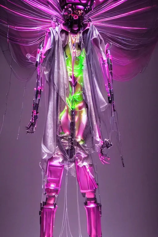 Prompt: full-body baroque and bladerunner style pink neon and chrome statue of a muscular handsome pale priest robot god humanoid wearing a see-through silk cloak sim roupa, posing like a falling model, suspended from the ceiling with wire cables, glowing peach face, street hoody of red steampunk lasers, emeralds, swirling silver silk fabric. futuristic elements. oozing glowing liquid, full-length view. space robots. human skulls. throne made of bones, intricate artwork by caravaggio. Trending on artstation, octane render, cinematic lighting from the right, hyper realism, octane render, 8k, depth of field, 3D