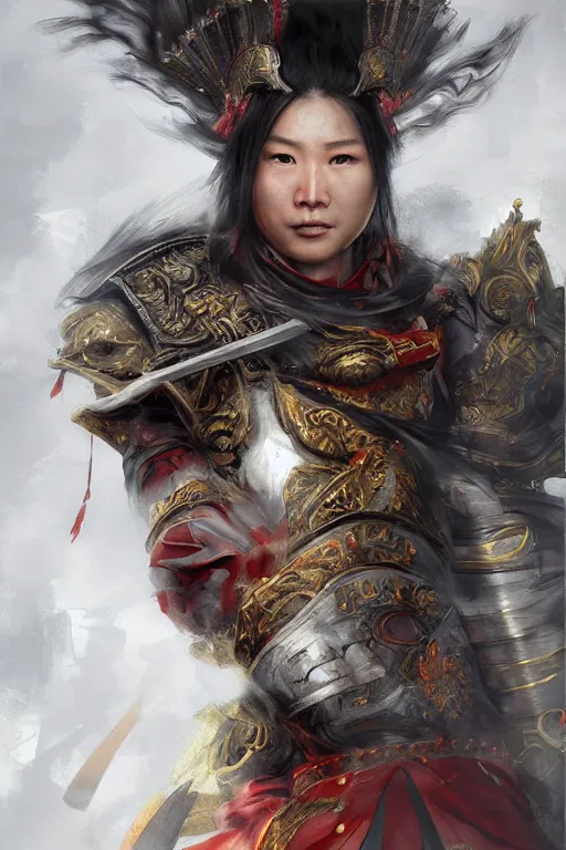 Prompt: chinese warrior, portrait, fierce, intricate, elegant, volumetric lighting, scenery, digital painting, highly detailed, artstation, sharp focus, illustration, concept art, ruan jia, steve mccurry