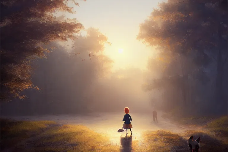 Image similar to a young girl walking to school with her pet fox, matte painting in the style of Greg Rutkowski, early morning light, sunrise, golden hour, trending on artstation