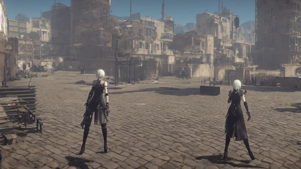 Image similar to Screenshot from Nier Automata, at the Old Port of Marseille