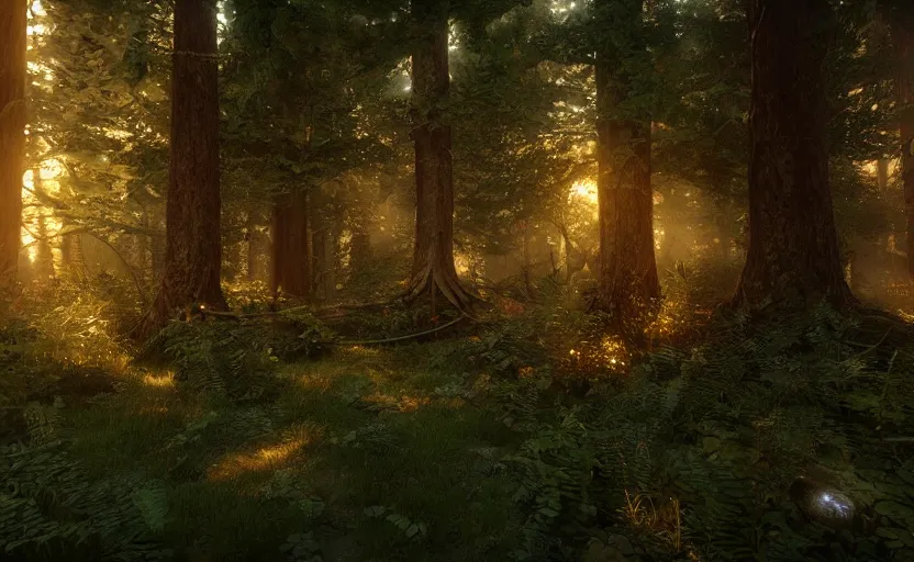 Image similar to steampunk photorealistic forest. daylight stars. light fixtures. unreal engine. 8K. detailed. photorealism. artstation. digital render. ultra realistic