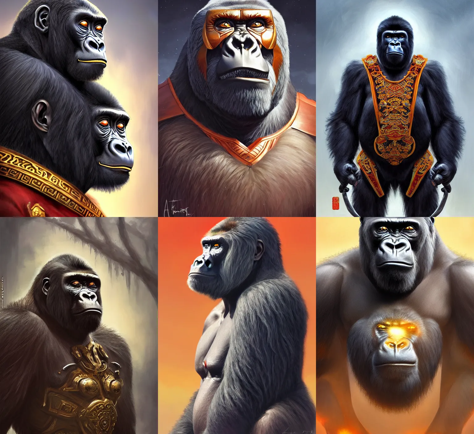 Prompt: frightening gorillas warrior portrait, full traditional chinese armor, art by artgerm, wlop, loish, ilya kuvshinov, tony sandoval. 8 k realistic, hyperdetailed, beautiful lighting, detailed background, depth of field, symmetrical face