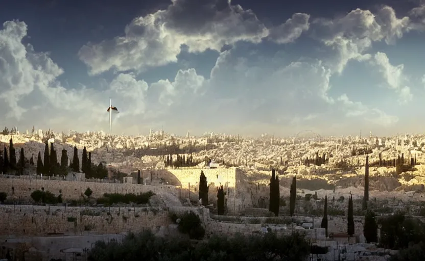 Image similar to a beautiful photo of jerusalem, hyper realistic, natural light, concept art, cozy atmospheric and cinematic lighting