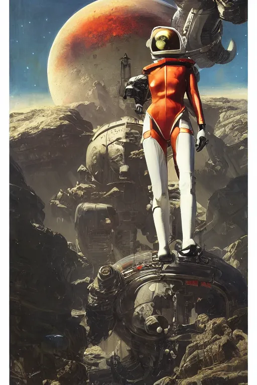 Image similar to pulp scifi fantasy illustration full body portrait elegant woman wearing latex spacesuit with huge martian creature in background, by norman rockwell, jack kirby, bergey, craig mullins, ruan jia, jeremy mann, tom lovell, 5 0 s, astounding stories, fantasy