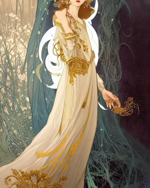 Image similar to portrait of a beautiful ethereal woman with pale hair and gold eyes wearing a flowing white and gold gown surrounded by wing motifs, ilya kuvshinov, greg rutkowski, alphonse mucha, kay nielsen, regal, elegant, detailed, digital painting, concept art