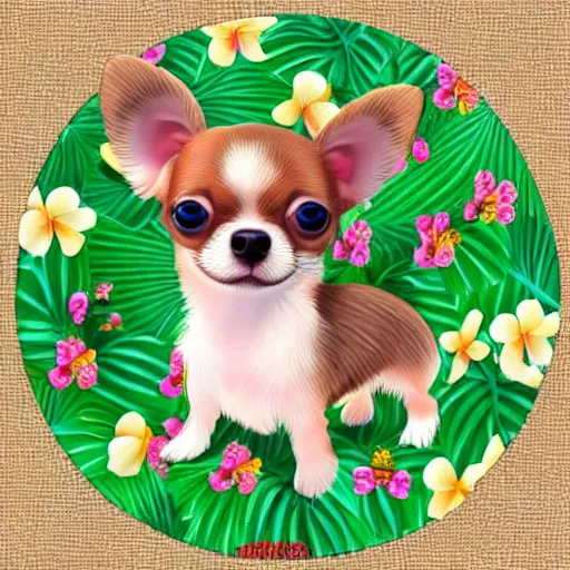 Image similar to small chihuahua puppies with beautiful and tropical clothes, digital art