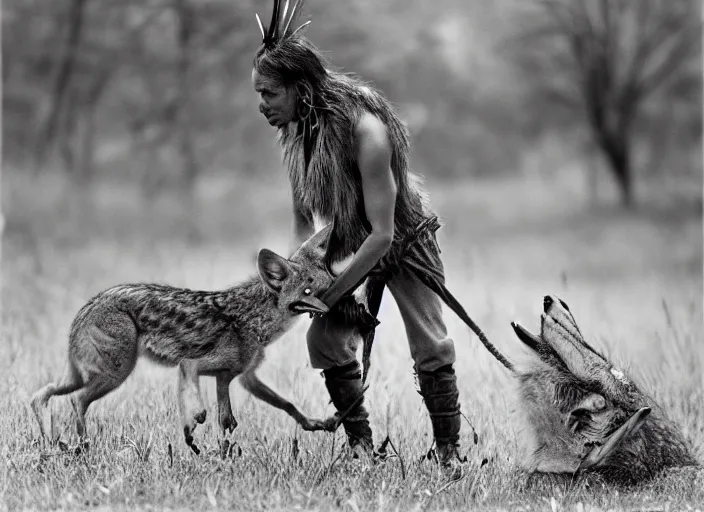 Image similar to Award winning Editorial photo of a Iroquois Native petting a wild coyote by Edward Sherriff Curtis and Lee Jeffries, 85mm ND 5, perfect lighting, gelatin silver process