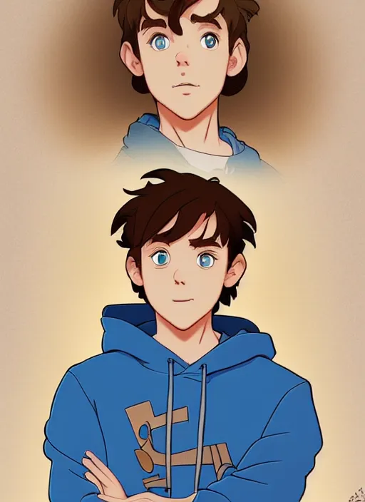 Prompt: teen boy with brown hair and big blue eyes, wearing a hoodie, natural lighting, path traced, highly detailed, high quality, cartoon, digital painting, by don bluth and ross tran and studio ghibli and alphonse mucha