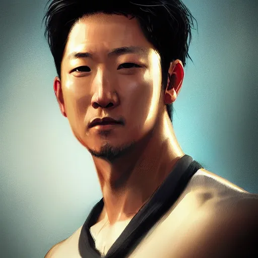 Image similar to “Portrait of Sung Kang by Greg Rutkowski, young, attractive, highly detailed portrait, scifi, digital painting, artstation, concept art, smooth, sharp foccus ilustration, Artstation HQ”