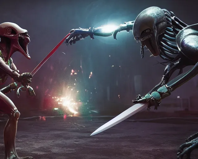 Image similar to sword fight between alien and predator, pixar animation, dreamworks, octane render, dramatic