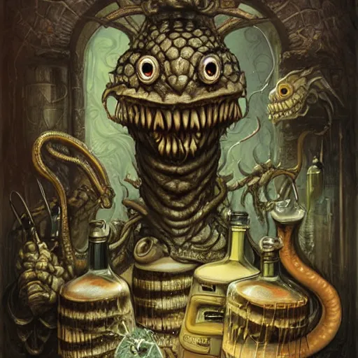 Image similar to a grinning anthropomorphic snake selling bottles of medicine, fantasy, steampunk, dave mckean, hr giger, peter mohrbacher, wayne barlowe