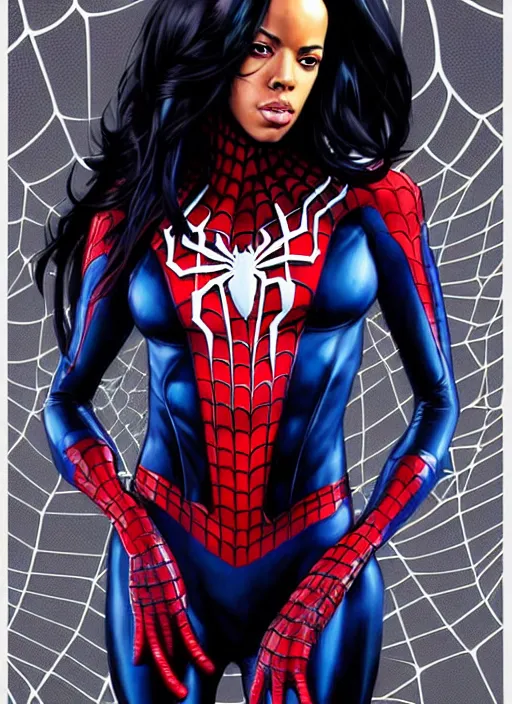 Image similar to full body portrait of marvel cinematic universe aaliyah haughton, she venom, spider man, elegant, webs, super hero, spider web background, highly detailed!! digital painting, artstation, glamor pose, concept art, sharp focus, illustration, art by artgerm and greg rutkowski, artey freytag