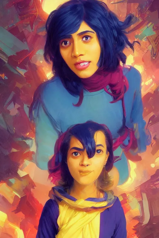 Image similar to A Full View portrait of Kamala Khan, Iman Vellani, filled with wonder. MCU. Hyper color. Vapor Wave Vibes. masterpiece 4k digital illustration by Ruan Jia and Mandy Jurgens and Artgerm and greg rutkowski and Alexander Tsaruk and WLOP and william-adolphe bouguereau, award winning, Artstation, art nouveau aesthetic, Alphonse Mucha background, intricate details, realistic, panoramic view, Hyperdetailed, 8k resolution, intricate art nouveau