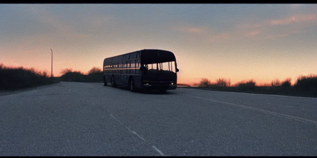 Image similar to an infinitely long greyhound bus never ending, sunset, eerie vibe, leica, 2 4 mm lens, cinematic screenshot from the 2 0 0 1 surrealist film directed by charlie kaufman, kodak color film stock, f / 2 2, 2 4 mm wide angle anamorphic