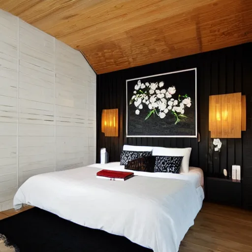 Image similar to bedroom, stone, interior design, stylish luxury hotel bedroom design, yakisugi, black vertical slatted timber, textures, feminine, black walls, art, vase with flowers, Japanese influences