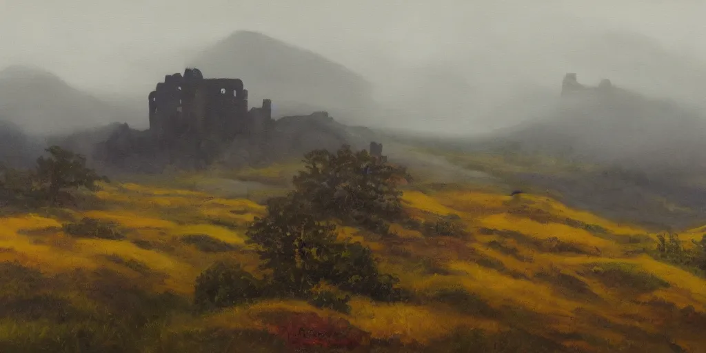 Image similar to painting of rocky highlands covered in mist with a ruined castle in the far distance, overcast sky, muted colors