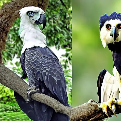 Image similar to harpy eagle and parrot hybrid animal, half harpy eagle half parrot, realistic photo taken in zoo