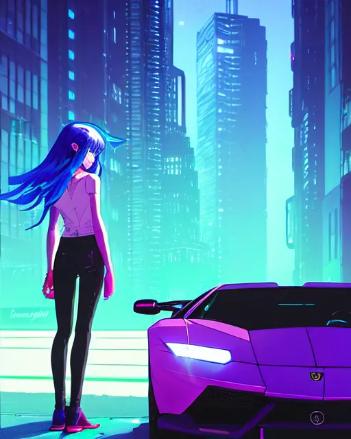 Image similar to digital illustration of cyberpunk pretty girl with blue hair, standing in front of a purple lamborghini, in city street at night, by makoto shinkai, ilya kuvshinov, lois van baarle, rossdraws, basquiat