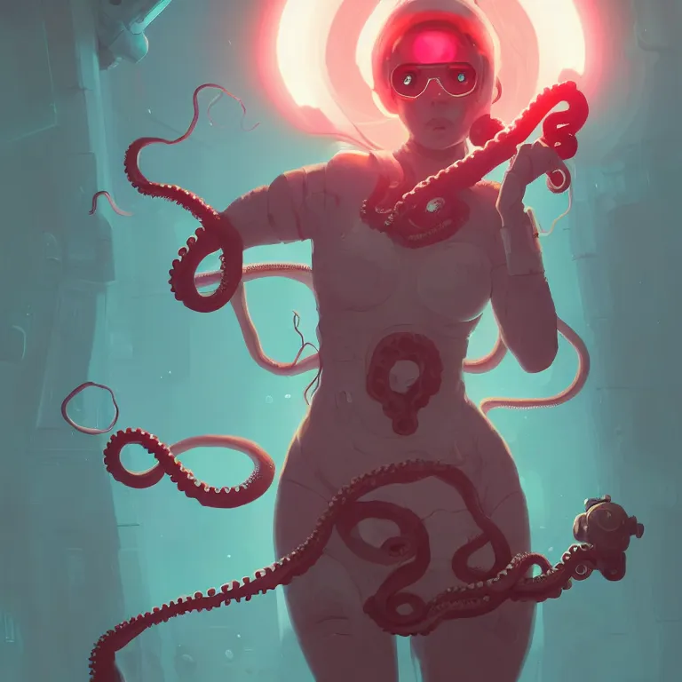 Prompt: portrait of cute octopus tentacle space girl with glowing red eyes, warhammer, cyberpunk by atey ghailan, by greg rutkowski, by greg tocchini, by james gilleard, by joe gb fenton, by in kaethe butcher, dynamic lighting, gradient light blue, brown, blonde cream and white color in scheme, grunge aesthetic, dark background