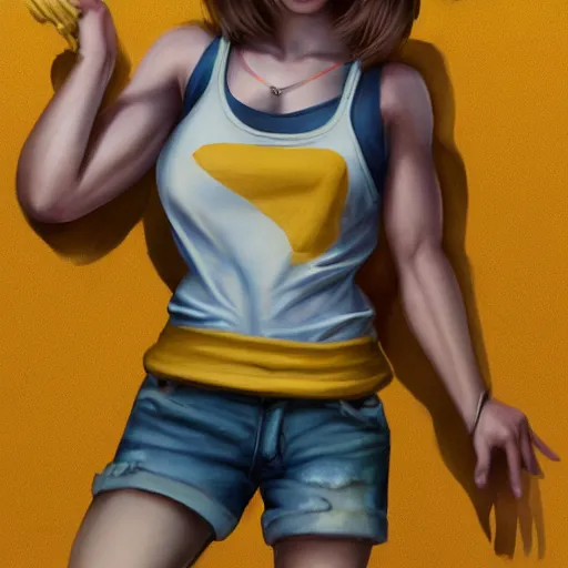 Image similar to anthropomorphic mouse wearing denim short shorts and yellow tank top, highly detailed, artgerm style, artstation, soft light, sharp focus, illustration, character design, concept art