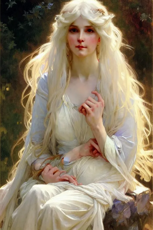 Prompt: women with long white hair, painting by daniel gerhartz, alphonse mucha, bouguereau, detailed art, artstation