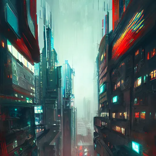 Prompt: hd photo of futuristic cyberpunk city digital painting style of Jeszika Le Vye