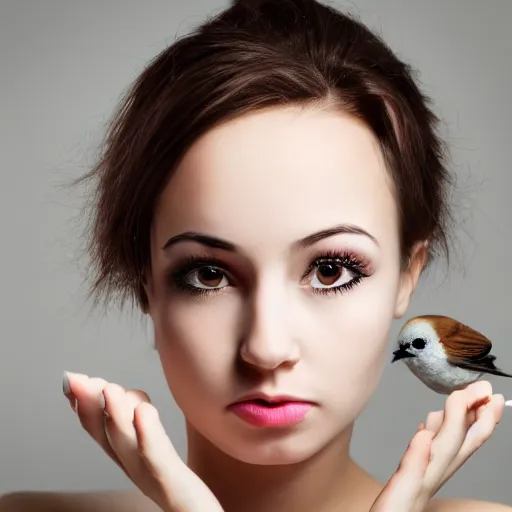 Image similar to photograph of girl with big forehead with square face and small bird beak lips and small round nose and dark black, high detail 8k,