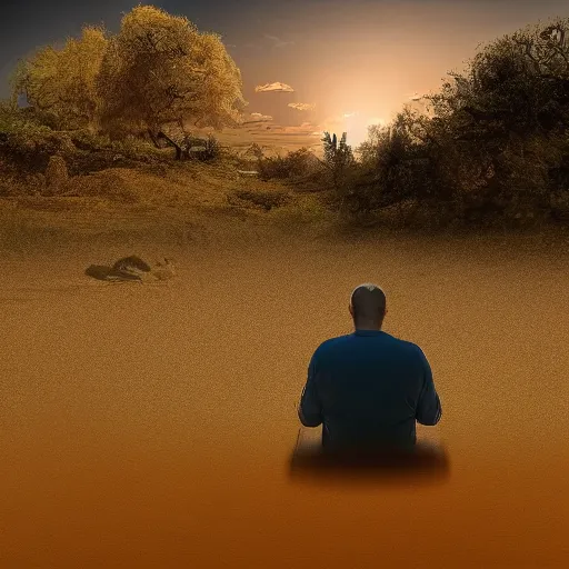 Prompt: a beautiful award-winning photo of the last man on Earth, serene idyllic background, volumetric lighting, very high quality, extremely detailed, subtle visual noise, 8K