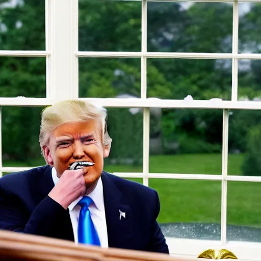 Image similar to a shocking, candid photo of donald trump, smoking crack out of a crack pipe in the white house oval office. photo taken from a window outside the oval office, by a new york times reporter.