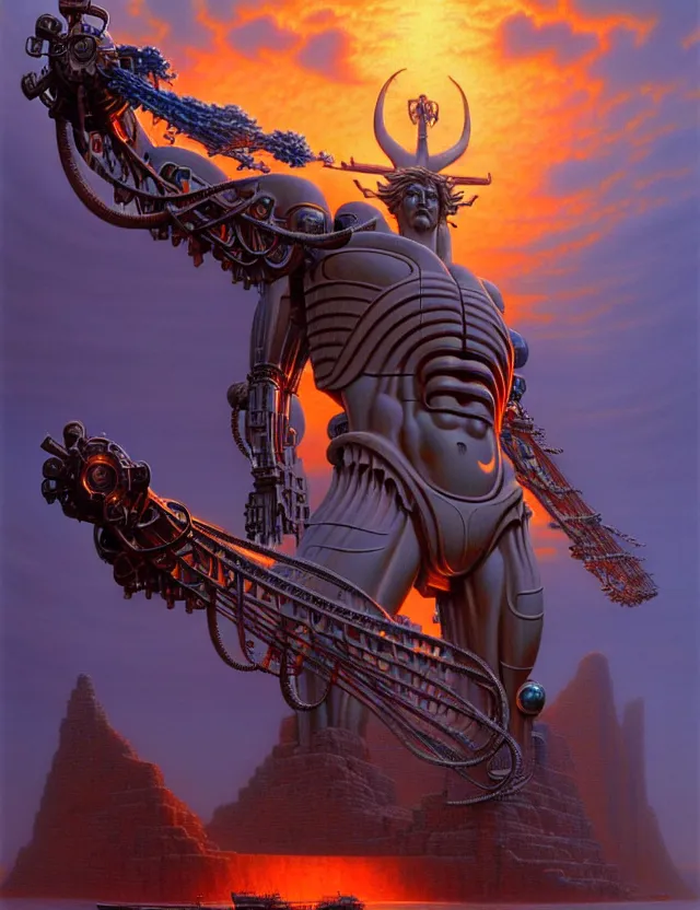 Prompt: a giant statue poseidon mecha, tim hildebrandt, wayne barlowe, bruce pennington, donato giancola, trending on artstation, cinematic composition, beautiful lighting, hyper detailed, 8 k, oil on canvas