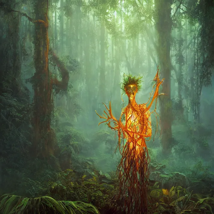 Prompt: portrait of a glowing biblical leshy in jungle, cinematic light, looking to the side off camera, backlight glow, teal orange, mist, by mikhail vrubel, by ( alex andreev ), by peter elson, by gerald brom, muted colors, extreme detail, trending on artstation, 8 k