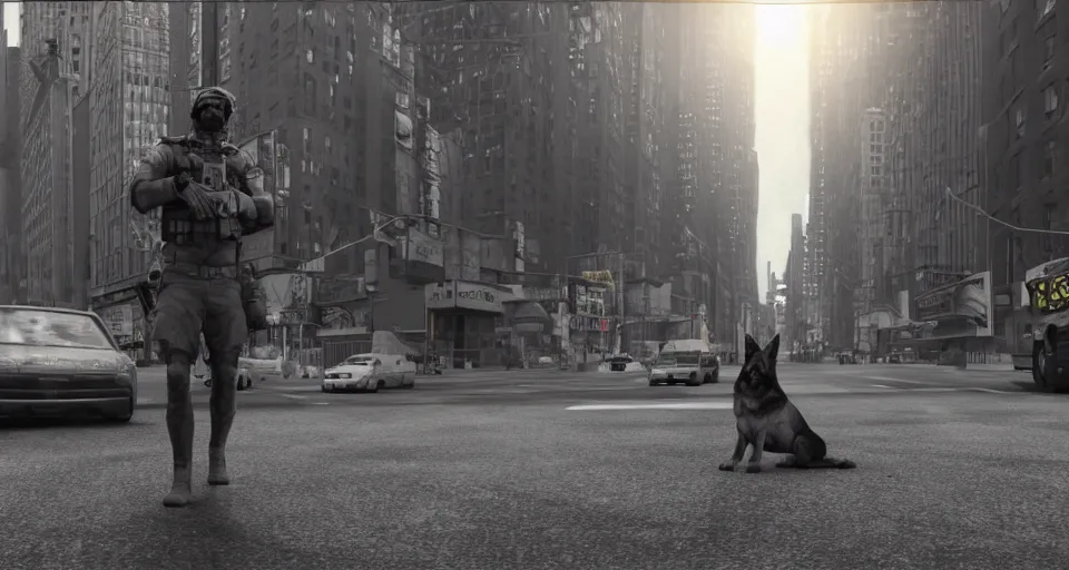 Image similar to the german shepherd of i am legend in new york, manga style, octane render, unreal engine, sundown, empty streets