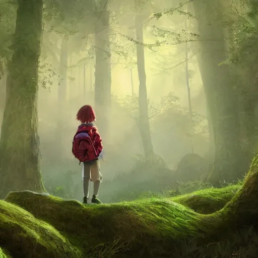 Prompt: a red - haired explorer girl kid with a backpack and a map, in the deep tangled, mossy, misty forest, lit by sunbeams, by loish, unreal 5,