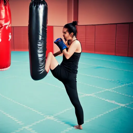 Image similar to a girl getting her leg hurt because of kickboxing