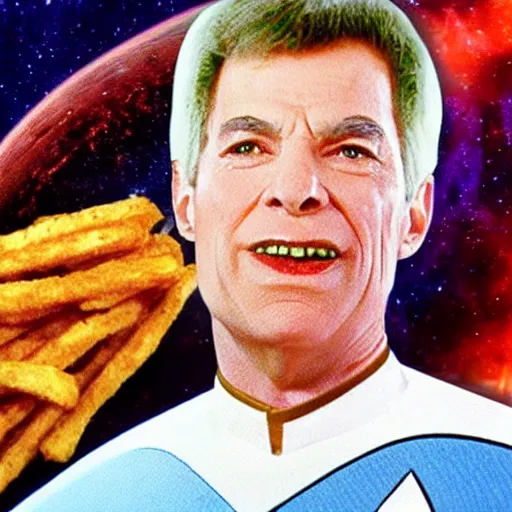 Image similar to star trek engineer fighting living fries in space eating them