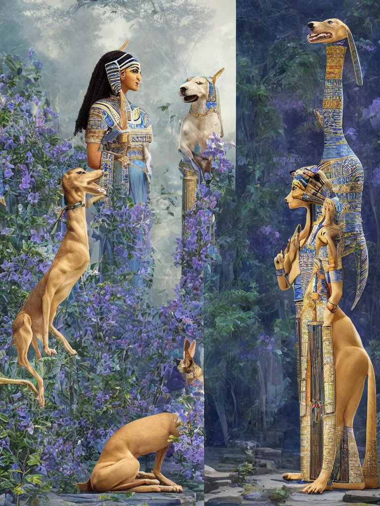 Image similar to portrait of a beautiful female ancient Egyptian goddess next to the god Anubis as a whippet, blue lotus flowers grow around them, by Alessio Albi, painted by Artgerm, by Marc Simonetti