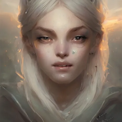 Prompt: a portrait of a beautiful lady with adorable eyes, praying, light smiling, art of wlop and greg rutkowski, epic fantasy art, bright light masterpiece, ray of light through white hair
