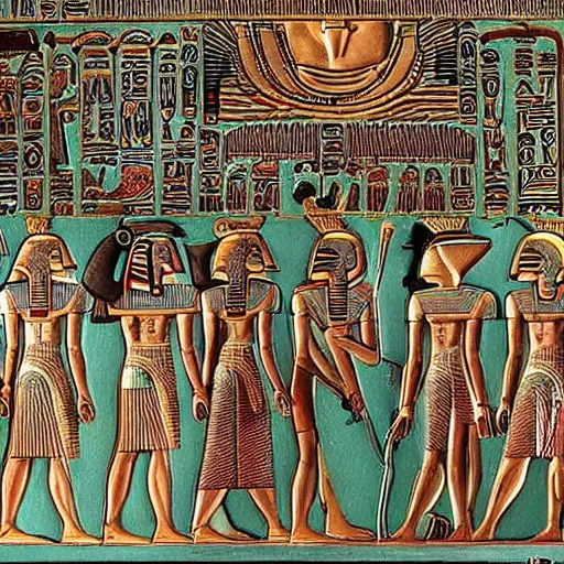 Prompt: The Annunaki have returned to Egypt wearing space suits that look like Egyptian pharoah head-dresses and breathing hoses that look like elephant trunks - alien-looking, cyborg, detailed, photo-realism