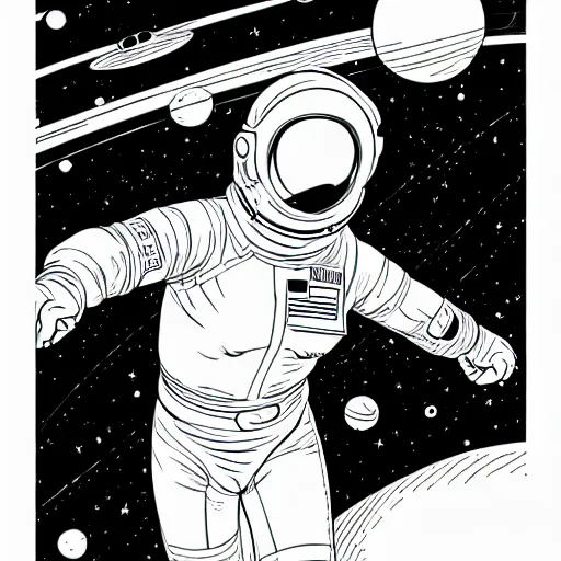 Image similar to clean simple line art of a woman floating in space. she is an astronaut, wearing a space suit. white background. well composed, clean black and white line drawing, beautiful detailed face. illustration by josan gonzalez and steve ditko and greg rutkowski