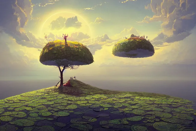 Prompt: surreal glimpse into other universe, floating island in the sky, summer morning, very coherent and colorful high contrast, art by gediminas pranckevicius, geof darrow, makoto shinkai, dark shadows, hard lighting